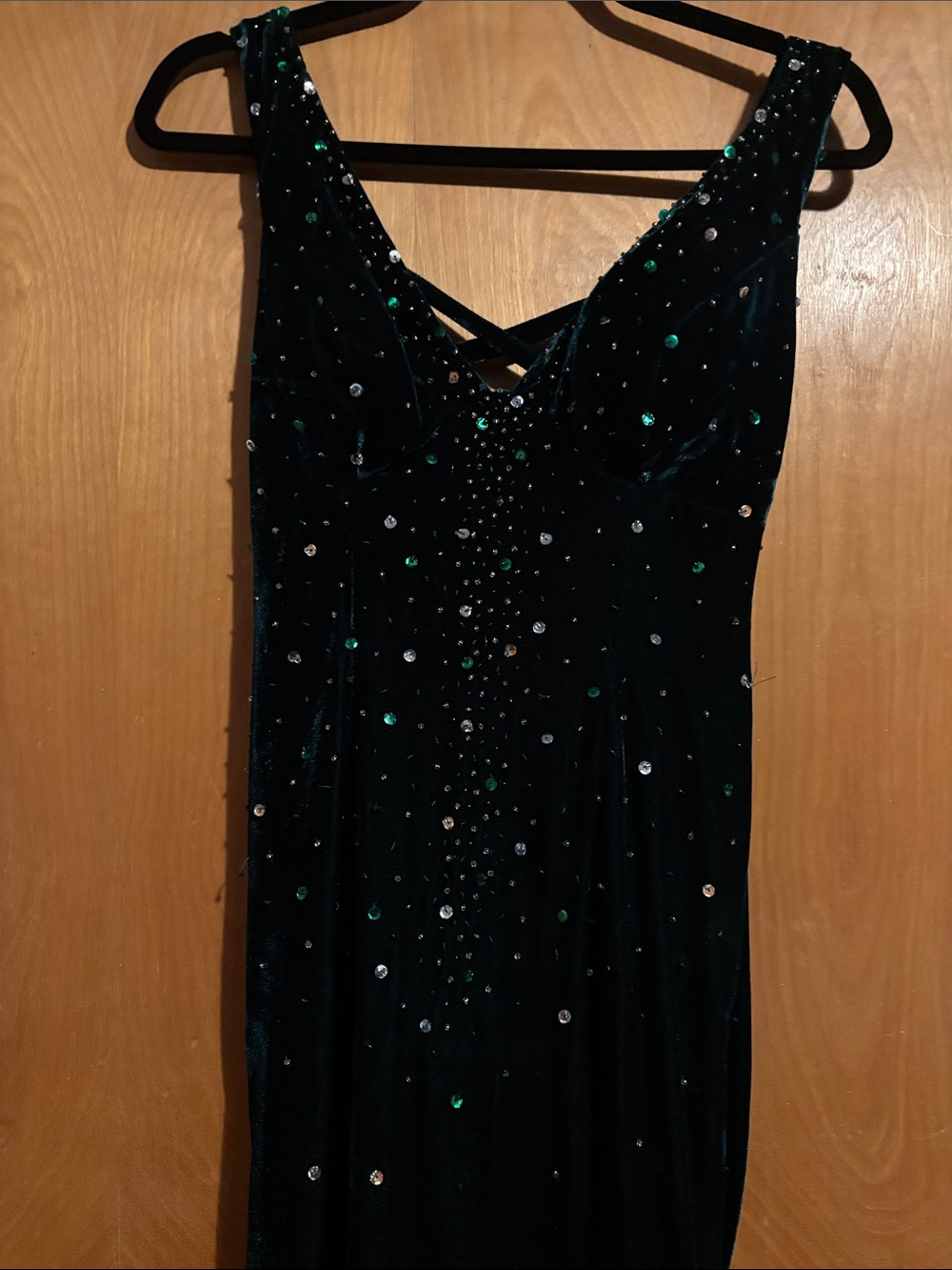 Emerald Velvet Evening Dress with Crystal Accents